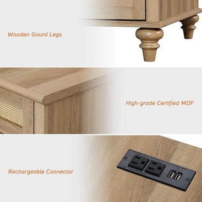 WAMPAT Farmhouse End Table with Charging Station, Rattan Side Table with Drawer & Storage Cabinet, Wooden Oak Nightstand with Power Outlets & USB Ports for Living Room, Bedroom, Burlywood