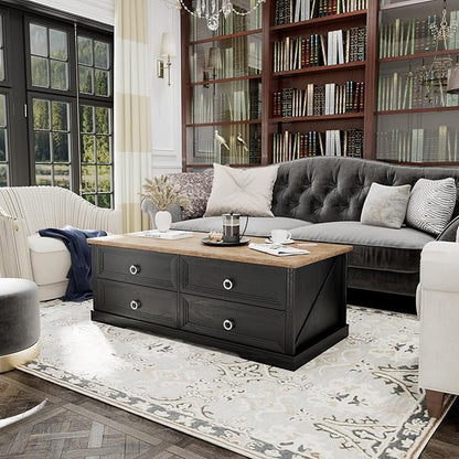 Rustic Coffee Table with Drawers 47 inch Living Room Tables with Storage, Wooden Center Table for Reading Playing Room Home Accent Table for Dining Room Apartment, Dark Oak Black