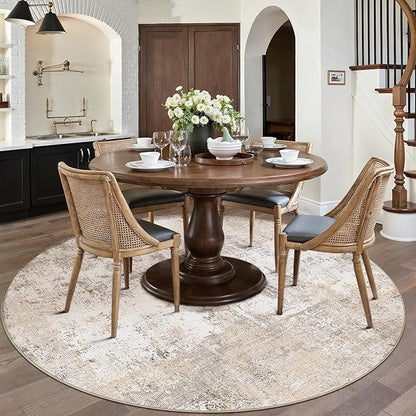 8x8 Washable Round Rug Beige Grey Neutral Abstract Living Room Bedroom Large Area Rug Non Slip Soft Low Pile Indoor Floor Carpet for Dining Room Kitchen Office Entryway