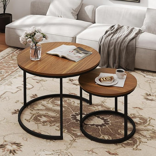 Nesting Tables Set of 2, Round Coffee Table, Small Nesting Coffee Table with Adjustable Non-Slip Fee, Wood Grain Top Nesting Tables for Living Room, Bedroom (Wood Grain Brown)