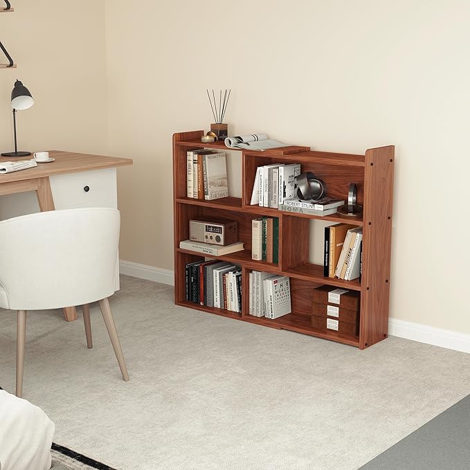 Open Shelf Low Bookcase,Wooden 4-Tier Floor Standing Expandable 25-47 inch Wide Bookcase,with Side Panels Frame for Home and Office (Walnut)