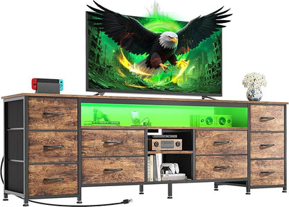 Huuger 63 Inch LED TV Stand Dresser with Power Outlets, USB-C Port and LED Lights, 10 Fabric Drawer Dresser for Bedroom, Long Entertainment Center for 65, 70 Inch TV, Open Shelves, Rustic Brown