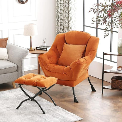 Large Lazy Chair with Ottoman, Accent Reading Chair with a Throw Pillow, Cozy Lounge Chair with Armrest, Leisure Sofa Chair for Living Room, Bedroom, Dorm Room, Velvet Tangerine