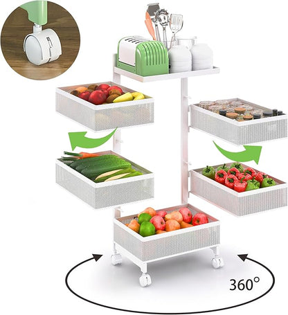 Fruit Basket for Kitchen No Assembly, Rolling Rotating Storage Cart,Bathroom Shelf,Mobile Metal Utility Storage Cart,Potato and Onion Storage Drawer Cart(Bright White, 5 Tier-Square)