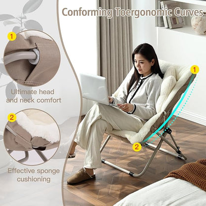 Welnow Comfy Saucer Chair, Oversized Folding Reading Chair for Adults with Throw Pillow Soft Faux Fur Lounge Chair for Bedroom Furry Accent Chair for Living Room, Dorm Rooms, Beige