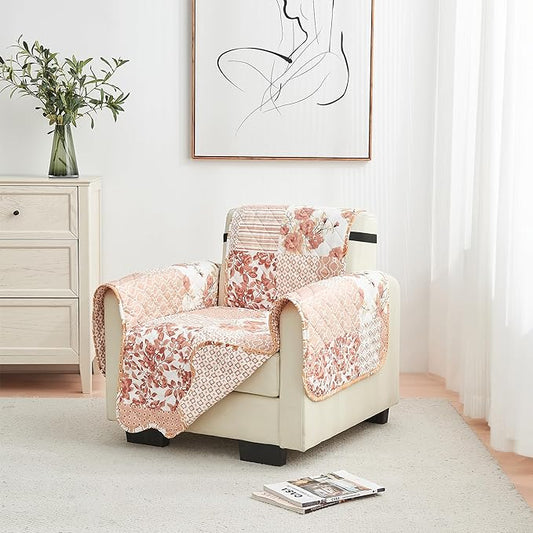 Great Bay Home Reversible Patchwork Chair Cover - Washable Slipcover Furniture Protector with Elastic Straps - Chair Cover for Dogs, Kids, and Pets - Box-Stitched Detail (Chair, Dusty Rose)