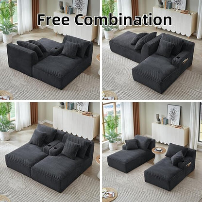 Oversized Sectional Double Chaise Lounge, Compressed Boneless Lounge Chaise with Cupholders, Boneless Sofa with Deep Seat, Fluffy Modern Sleeper Loveseat for Indoor Living Room, Dark Grey
