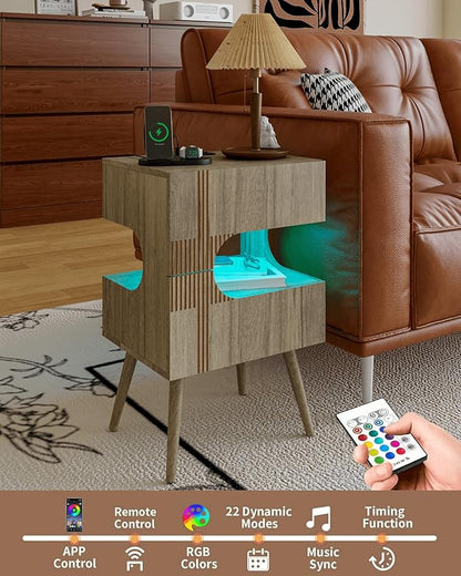 Nightstand with Charging Station and LED Lights,Modern Bedside Table with 2 Storage Drawer,Night Stand with Solid Wood Legs,White (Grey Osk)
