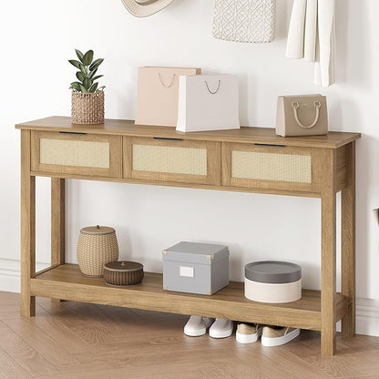 Luoxiao Rattan Console Table Boho Entryway Table with 3 Drawers Storage, Narrow Long Behind Couch Sofa Table for Living Room Side Table Entry Way Table Entrance Hallway Foyer, Natural, 47 Inch