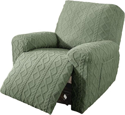 vctops Christmas Green 4 Pieces Geometric Jacquard Plush Recliner Slipcovers Soft Fuzzy Fluffy Sofa Couch Cover Anti-Slip Furniture Protector with Elastic Bottom for Kids Cats Dogs(Green,1 Seat)