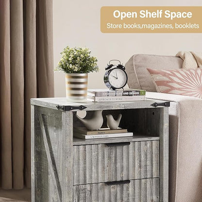 Grey Nightstand with Charging Station Set of 2-20 Inch Wide Farmhouse Fluted Bedside Table with 2 Drawers, Modern Wood End Side Table for Bedroom Study Storage Home