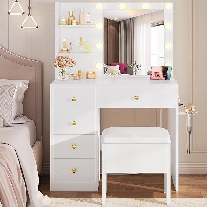 IRONCK Vanity Desk with Mirror and Lights, Small Makeup Vanity Table with 5 Drawers, Power Outlet, and Vanity Stool, 3 Lighting Colors, Dressing Table for Women Girls Bedroom, White