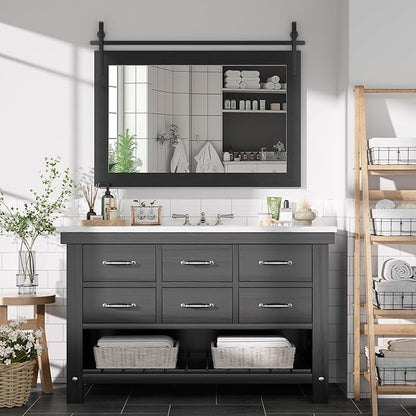 Hasipu Farmhouse Bathroom Mirror, 40"x26" Rustic Wood Framed Wall Mounted Mirror, Black Vintage Vanity Mirror Barn Door Style Decrative Mirrors