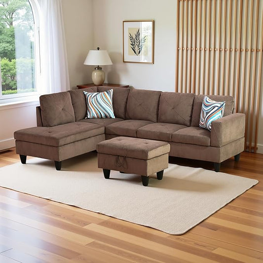 L Shaped Couch Modern Sectional Couch Upholstered Sackcloth Fabric 3 Pieces Sofas for Living Room with Chaise, Storage Ottoman for Office and Small Apartment, Brown