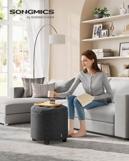 SONGMICS Round Ottoman, Ottoman with Storage, 17.7 Dia. x 17.5 H Inches Foot Rest with Legs, Load up to 330 lb, for Living Room, Bedroom, Dark Gray ULOM011G01