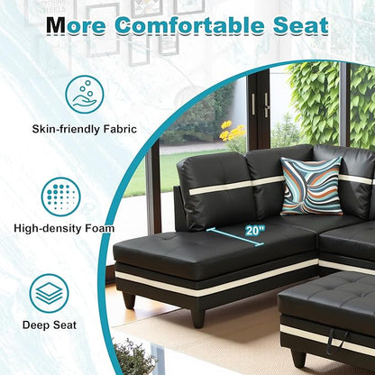 103.5" Oversized Sectional Couch, L Shaped Couch with Storage Ottoman, Modern Modular Sofa with Deep Seat, Sectional Couches for Living Room and Office, Black and White (PU Leather)