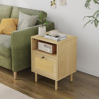 Rattan Nightstand with Storage Boho Modern Farmhouse Bedside Table with Drawer & Open Shelf Light Wood End Table for Bedroom, Living Room, Office, Dorm - Natural Walnut 0ak Color