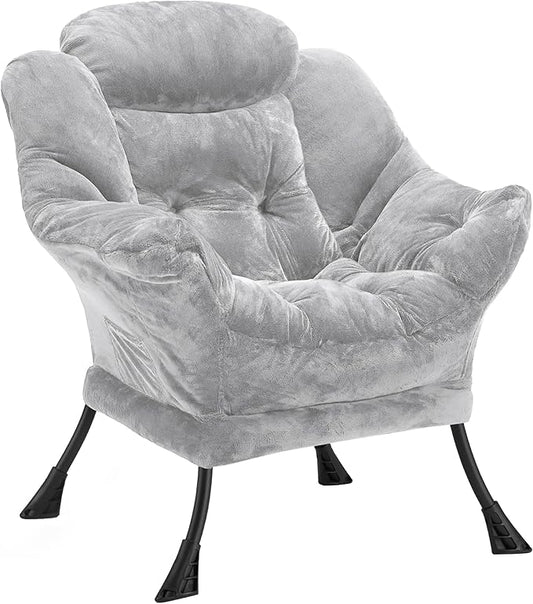 Fabric Lazy Chair for Adults, Oversized Upholstered Sofa Chair, Plush Comfy Lounge Chair with Large Side Storage Pocket, Thick Padded Reading Chair for Living Room, Bedroom, Dorm, Light Gray