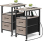 Vagusicc End Table with Charging Station Set of 2, Narrow Side Table, 23.8'' Tall Nightstand with 2 Drawers, Small Sofa Side Table Narrow Nightstand for Small Spaces, Living Room, Bedroom, Rustic Grey