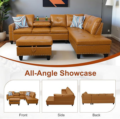 Osparple L Shaped Couch PU Leather Sectional Couch Upholstered 3 Pieces Sofas for Living Room with Chaise, Ottoman with Storage for Office and Small Apartment, Ginger