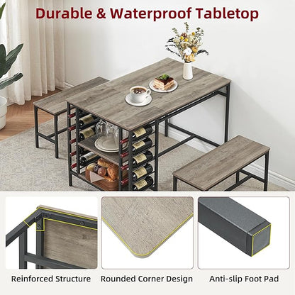 IDEALHOUSE Dining Table Set for 4, Kitchen Table Set for 4 with 2 Benches, Rectangular Dining Room Table Set with Wine Rack, 3 Piece Dining Table Set for Small Space Apartment, Grey