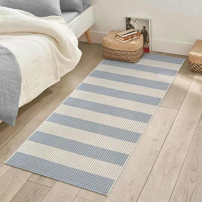 OJIA Outdoor Porch Rug Front Door Mat 24'x51, Washable Checkered Entry Striped Front Door Rug Cotton Woven Kitchen Carpet Small Area Rug for Entryway Patio Bedroom Bathroom (Blue/White/Tan)