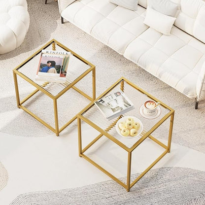 Garden 4 you Coffee Table Set of 2, Modern Patterned Glass Nesting Table, Metal Frame Square Center Table Set, Side Tables, Nesting Coffee Table for Living Room, Bedroom and Small Spaces, 19.7in Gold
