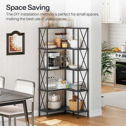 HOOBRO Corner Bookshelf, 5-Tier L-Shaped Bookcase, Industrial Open Display Shelf Tall Storage Organizer, Vertical Storage Rack, for Living Room, Home Office, Black BB60SJ01