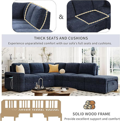 Merax L-Shaped Modular Sectional Sofa with Removable Storage Ottoman, USB Ports and Cup Holder, 6-Seats Upholstered Couch & Armrest, Free Combination Indoor Furniture for Living Room, Apartments, Blue