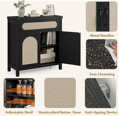 IDEALHOUSE Rattan Cabinet with Drawer, Sideboard with Synthetic Rattan-Accent Doors, Adjustable Shelves, Buffet Cabinet for Living Room Dining Room, Black