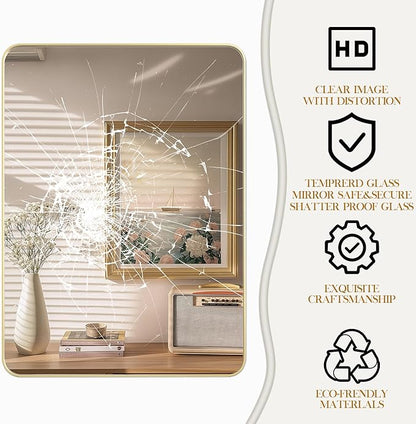 48×36 Glod Bathroom Mirror, Rectangular Bathroom Vanity Mirror for Wall with Rounded Corners & Aluminum Alloy Frame, Tempered-Glass, Modern, Farmhouse, Horizontal/Vertical, Entryway, Bedroom