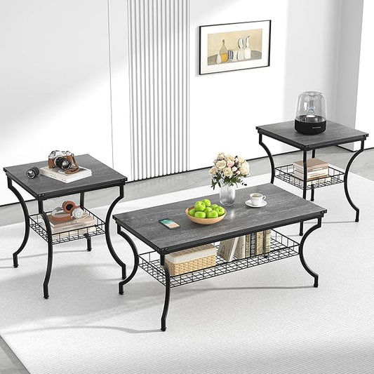 VECELO 3 Pieces Living Room Table Sets, Coffee and End Tables with Open Storage Shelves for Apartment, Home Office, Small Space, Easy Assembly, Dark Grey