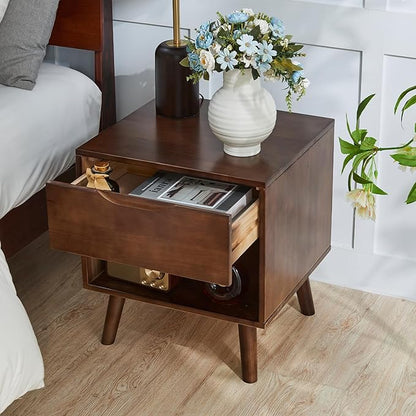Uniclinens Nightstand with Drawer and Opening Storage, Modern Solid Rubberwood Bedside Table for Bedroom, 19" Sofa Side Table End Tables Living Room, Walnut