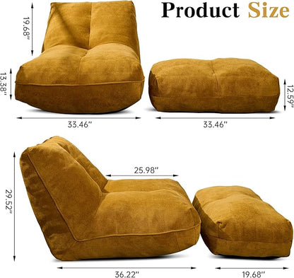 Bean Bag Chair with Ottoman, Comfy Bean Bag Sofa with Memory Foam, Lazy BeanBag Sofa with Footstool, Fireside Bean Bag Couch for Living Room, Bedroom, Apartment (Yellow)