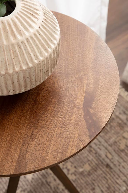 Kate and Laurel Keres Mid-Century Adjustable-Height Round Pedestal Side Table, 16 x 16 x 28, Walnut Brown and Brass, Modern Circle End Table for Use as Indoor Plant Stand or Bedroom Nightstand