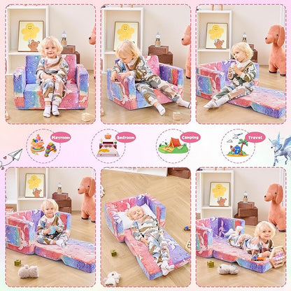 Toddler Chair Comfy,2-in-1 Soft Toddler Couch Fold Out for Kids,Convertible Sofa to Lounger,Gift for Girls and Boys Birthday,Elf,Medium