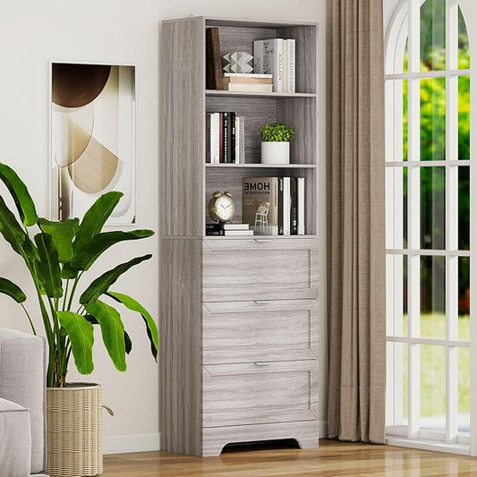 71'' Tall Bookshelf with Drawers,6 Tier Wooden Bookcase Storage Organizer,Freestanding Display Cabinet with Adjustable Shelves for Living Room, Bedroom