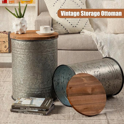 Poofzy Farmhouse End Tables Set of 2, Galvanized Metal Decor Side Table with Wood Lid, Coffee Table Storage Stool for Living Room (Grey)