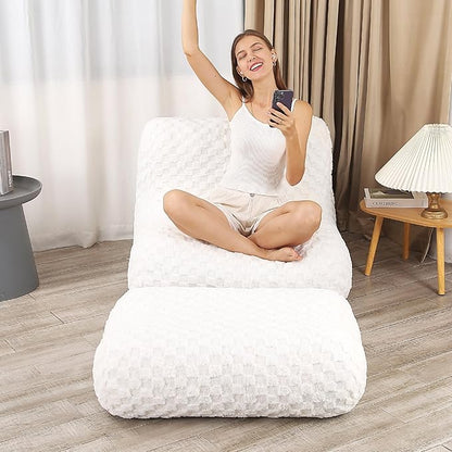 Bean Bag Chair with Footstool, Comfy Reading Sofa Chair for Adults, Modern Floor Sofa for Livingroom, Bedroom, Cream