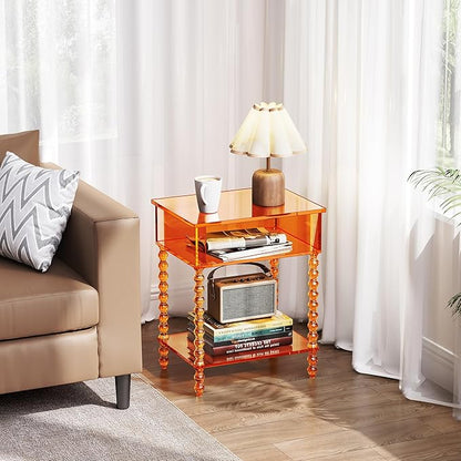 Acrylic Side Table, Clear 3-Tier End Table with Storage, Nightstand for Living Room, Bedroom, Office (Orange, 11.8 ×15.7 × 19.7)