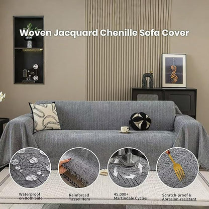 Nobildonna Sofa Cover Washable Soft Thicken Chenille Couch Cover with Tassel,Waterproof Sofa Slipcover for 3-4 Cushion Couch,Sectional Sofa,L-Shaped Furniture Protector Pet-Friendly,Dark Gray 71x150