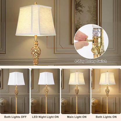 Vintage Farmhouse Floor Lamp with Nightlight, 65" Tall Standing Lamp with White Linen Fabric Shade, Antique Gold Finish, Elegant Reading Corner Light for Living Room, Bedroom, Office (Bulb Included)