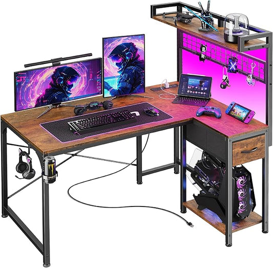 PRAISUN L Shaped Gaming Desk with Shelves, Corner Computer Table with LED Lights, Power Outlets and USB-C Ports, 42 Inch Reversible Home Office Desk with Storage Drawer, Work and Study, Rustic Brown
