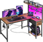 PRAISUN L Shaped Gaming Desk with Shelves, Corner Computer Table with LED Lights, Power Outlets and USB-C Ports, 42 Inch Reversible Home Office Desk with Storage Drawer, Work and Study, Rustic Brown