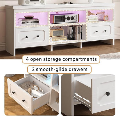 IRONCK TV Stand for 65 Inch TV, 63" LED Entertainment Center with Storage Cabinets, Power Outlets and Open Shelf, Media Console TV Cabinet with Drawers for Living Room, White