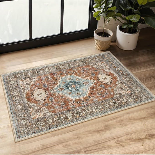 Lahome Oriental Small Rugs for Entryway, 2x3 Rug Non Slip Washable Door Mat Indoor Entrance Ultra-Thin Vintage Soft Carpet for Kitchen Bedroom Front Door Bathroom, Orange/Multi