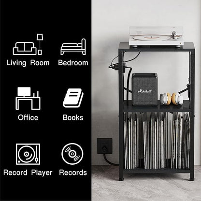 End Table with LED Light,Record Player Stand with Charging Station,Vinyl Records Storage,Turntable Stand Albums Storage for Music Room Studio-Industry Black