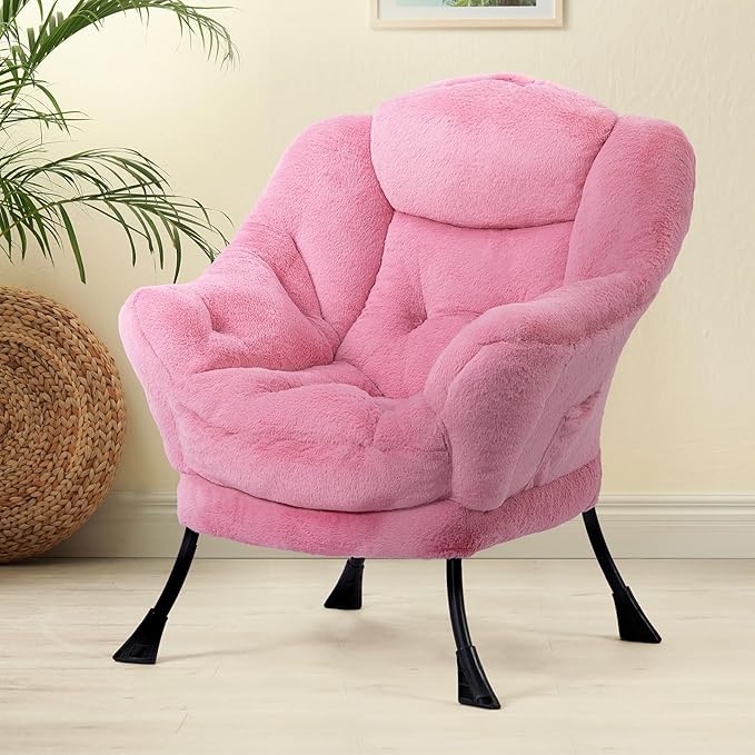 HollyHOME Fabric Lazy Chair with Foldable Ottoman, Accent Comfy Lounge Arm Chair and Folding Footrest Stool Set, Leisure Sofa Reading Chair and Footstool for Living Room, Bedroom, Dorm, Pink