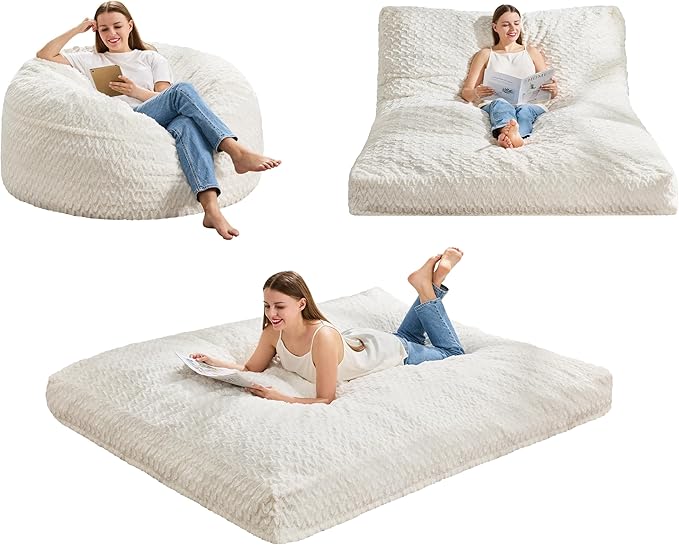 Hobestluk Bean Bag Chair Convertible Beanbag Chairs for Adults, 3 in 1 Bean Bags with Plush Chevron Cover, Adult Bean Bag Chair for Living Room, Bedroom (White, Full)