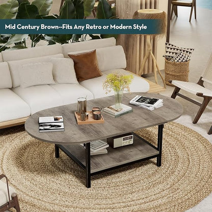 SAYGOER Folding Coffee Tables for Living Room 2-Tier Extended Coffee Table with Storage Vintage Farmhouse Center Table for Large or Small Spaces, Foldable, Gray Wash